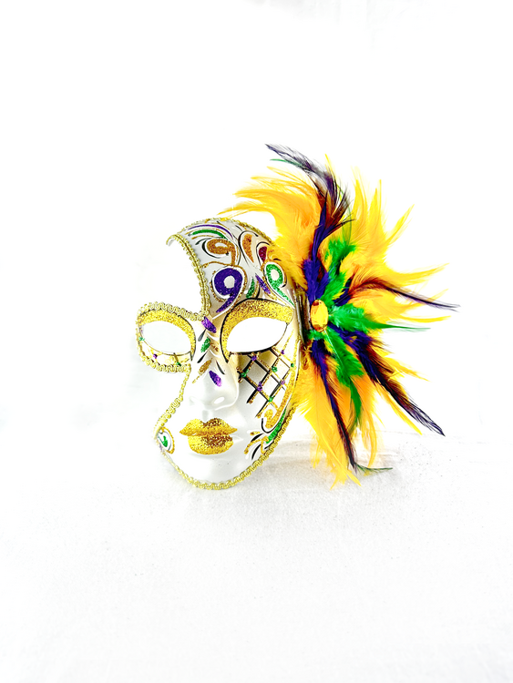 NEW!! Half Mask w Feathers and Gold Glitter 10" X 9"